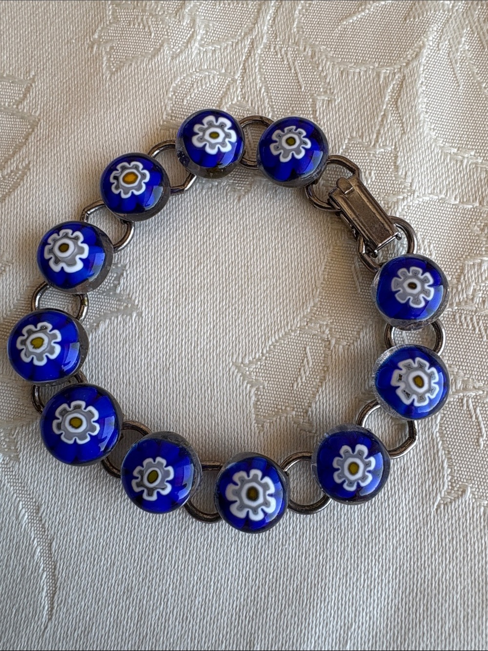 Blue Millefiori Glass Flower Link Bracelet